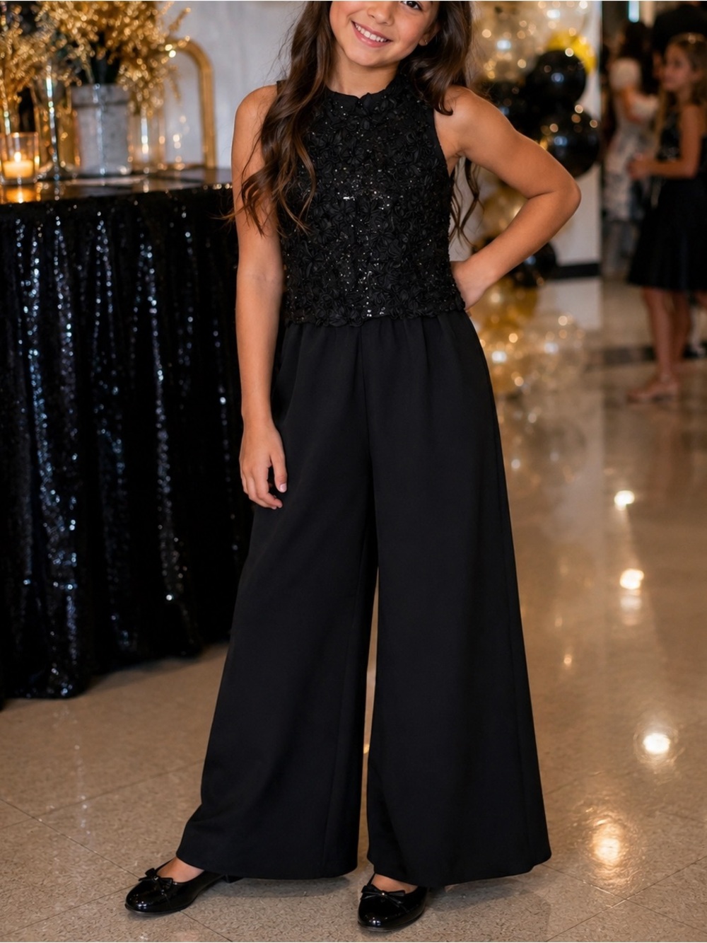 Bonnie Jean Girls Size 7 Black Sequin Floral Wide Leg Formal Jumpsuit